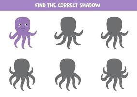 encuentra la sombra correcta del pulpo morado de dibujos animados lindo. juego de lógica para niños. vector