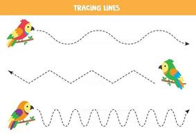 Cartoon parrots tracing lines. Handwriting practice with birds. vector