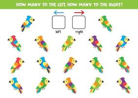 How many parrots go to the right and to the left. Logic game for kids. vector