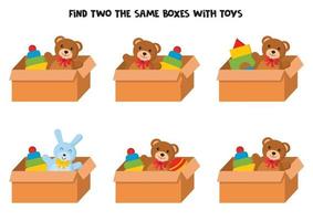 Encuentra dos cajas de juguetes iguales. vector