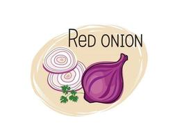 Red onion icon. Full and sliced onion isolated on white background with lettering Red onion. Vegetable stylish drawn symbol onion vector