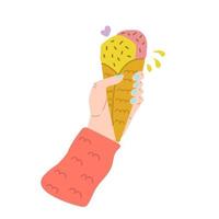 mano sosteniendo helado en el cono de galleta. dibujado a mano ilustración plana. vector