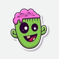 Cute Zombie Head Sticker with brain out. Halloween Vector Illustration