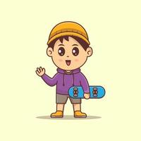 Cute Boy Holding Skatebord vector kawaii illustration skateboad