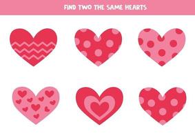 Educational worksheet for kids. Find two the same hearts vector