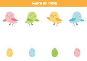 Match cute birds and their eggs by color. vector