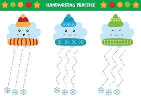 lindas nubes con gorros de invierno. práctica de escritura a mano para niños. vector