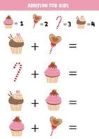 Educational worksheet for kids. Addition for kids with sweets.