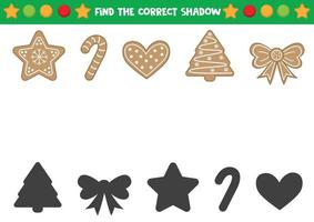 Find the correct shadows of gingerbread cookies. Educational worksheet for preschool kids vector