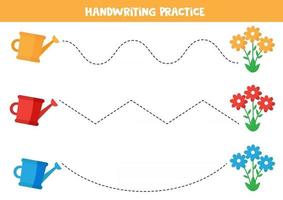 práctica de escritura a mano con regadera y flores. vector