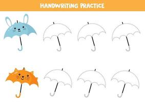 Educational worksheet for preschool kids. Handwriting practice. Trace umbrellas. vector