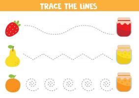 Tracing lines with jam and fruits. Handwriting practice. vector