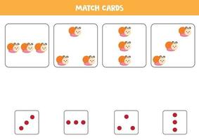 Educational worksheet for preschool kids. Match cards with dots and snails by amount. vector