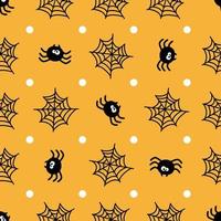 Halloween seamless pattern. Spider and web on yellow background. vector