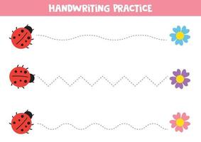 hoja de trabajo educativa para niños. práctica de escritura a mano con lindas mariquitas. vector