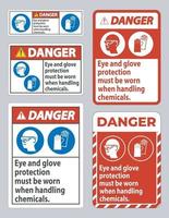 señal de peligro debe usarse protección para los ojos y guantes al manipular productos químicos vector