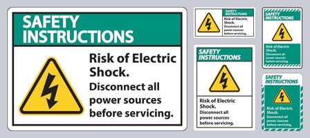 Instrucciones de seguridad riesgo de descarga eléctrica símbolo signo aislar sobre fondo blanco. vector