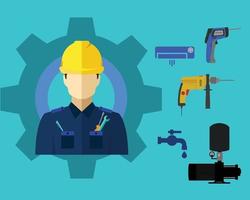 Technician and tool set icon vector