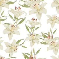 acuarela, lirio blanco, flor tropical, seamless, patrón vector