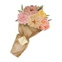 Peony flower bouquet with paper wrap watercolor illustration vector