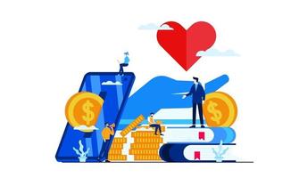 Caridad de donación en línea con teléfono inteligente, aplicación inteligente web con gran corazón y manos grandes, diseño de ilustración plana vector