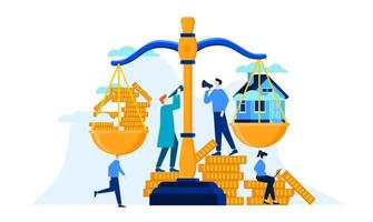 mini people saving money to balance the scale until it is as heavy as a house investment for better future illustration design vector