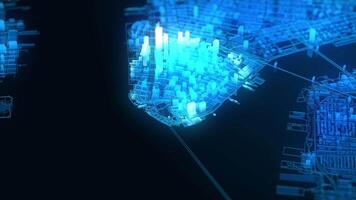 les bâtiments de la ville d'hologramme tournent, animation industrielle graphique par ordinateur video