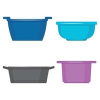 Set of insulated containers for washing and cleaning made of plastic, basins bucket bath, vector in flat style