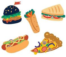 Junk street food set. Burger, hamburger, pizza, sandwich, burrito and hot dog. Traditional takeaway food in chain fast food cafes. High calorie. Vector illustration isolated on a white background