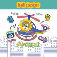 León y helicóptero divertidos dibujos animados vector