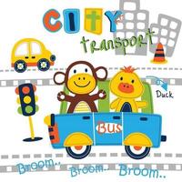 monkey and duck on the bus funny cartoon vector