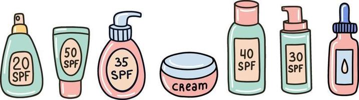 Vector illustration of bottles and jar of assorted sunblock products and cream for skin care procedure