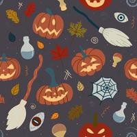 Seamless Halloween pumpkin pattern with witchcraft attributes spiders, witch broom, potions on a dark background. Design for invitations, textiles, printed products, textiles. Vector illustrationc
