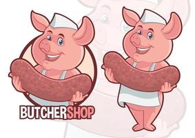 Pig Mascot with Big Sausage Design for Butcher Shop vector