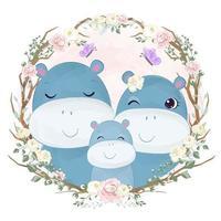 adorable ilustración de la familia del hipopótamo en acuarela vector