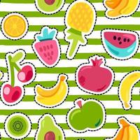 Exotic summer fruits vector seamless pattern. Fruits stickers on multicolored striped background