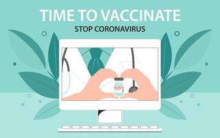 Coronavirus vaccine. The doctor is holding a bottle of COVID-19 injection in his hands on the monitor of the computer monitor that stands on the table. Flat vector illustration