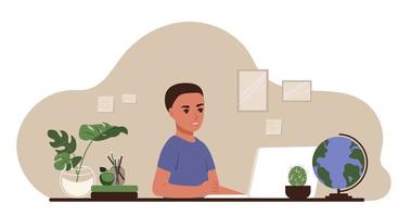 Back to school. The boy sits at his desk and study on a laptop and books. Flat vector illustration