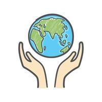 Globe and hands doodle. Earth icon hand-drawn on white background. vector