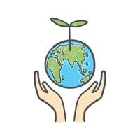 Manos humanas sosteniendo globo con planta en él cuidado del medio ambiente y responsabilidad social doodle. icono de tierra dibujado a mano sobre fondo blanco. vector