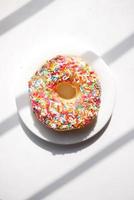 colorful chocolate donuts on plate with copy space photo