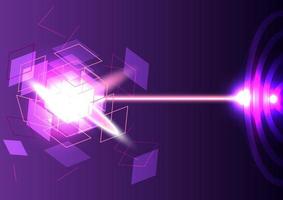 Abstract neon background. Laser is shooting to the cube explosion. Purple screen for technology futuristic vector