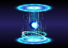 3D cube. Abstract background. Portal and hologram science futuristic. Sci-fi digital hi-tech collection in glowing HUD. Magic gate in game fantasy. Circle teleport podium. GUI, UI virtual reality