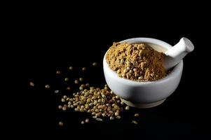 Coriander Powder and seeds with mortar and pestle on black background. photo