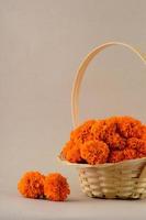 Marigold, Zendu Flowers flowers in a bamboo basket. photo