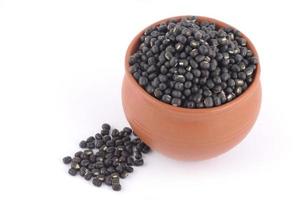 Urad dal, black gram, Vigna mungo in clay pot on white background photo