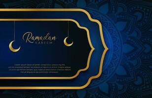 Ramadan Kareem background with gold and blue color luxury style Vector illustration for Islamic holy month celebrations decorated with moon and mandala arabesque