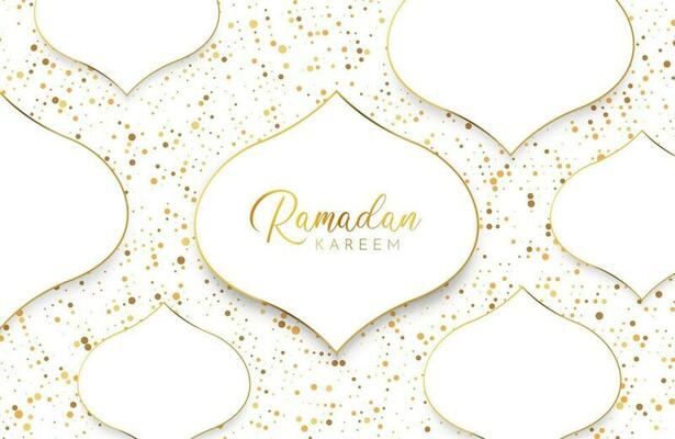 Ramadan kareem background with white gold abstract paper cut shape and glitter