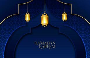 Ramadan kareem background with dark blue paper cut geometric shape Vector illustration of gold star and lantern for Islamic holy month celebrations