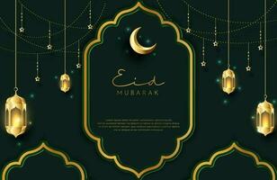 Eid mubarak background in luxury style Vector illustration of dark green islamic design with gold lantern and crescent moon for Islamic holy month celebrations